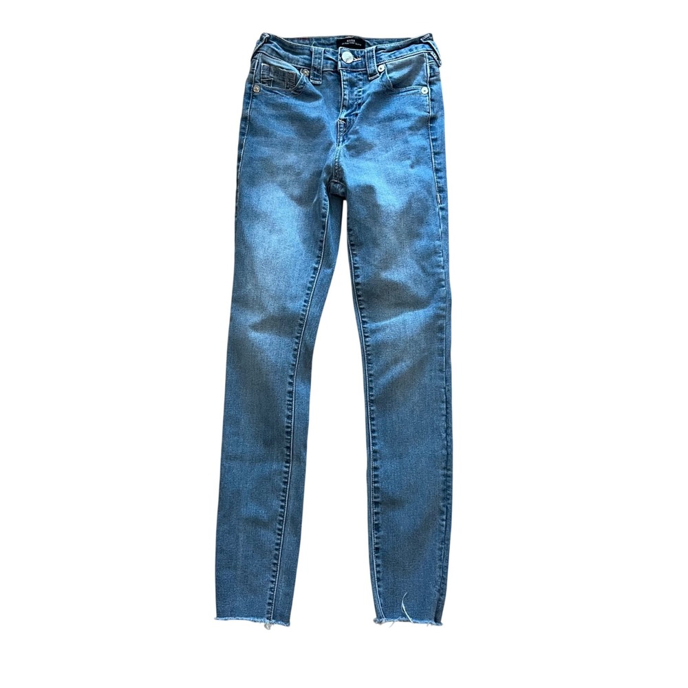 True Religion Halle High Rise Super Skinny Jeans Blue Denim Raw‎ Hem Size 25